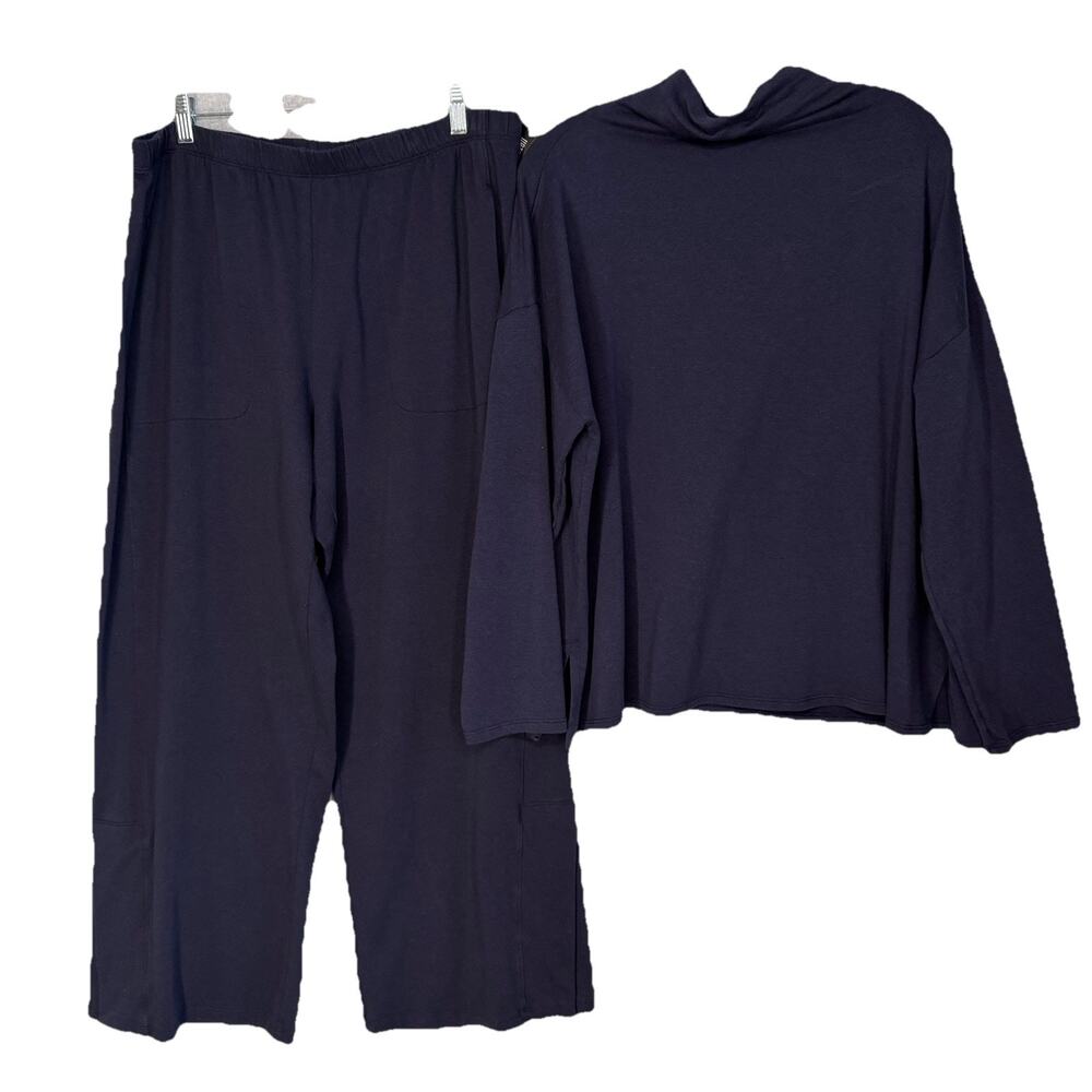 Eileen Fisher 2 Piece Pant Set Womens L Navy Organic Cotton Wide Leg Long Sleeve